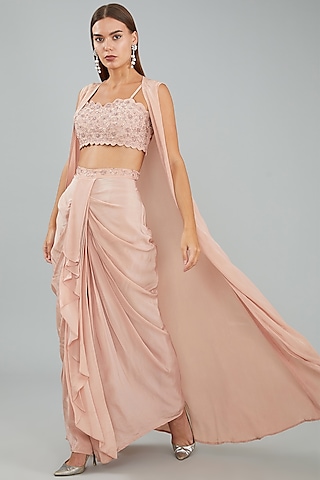 Rose Pink Viscose Crepe Draped Lungi Skirt Set by Sangeeta Swati