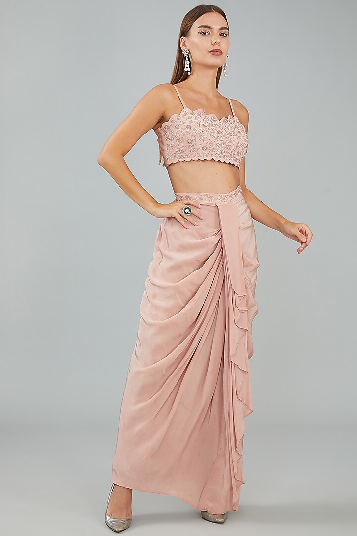 Rose Pink Viscose Crepe Draped Lungi Skirt Set by Sangeeta Swati at Pernia's Pop Up Shop