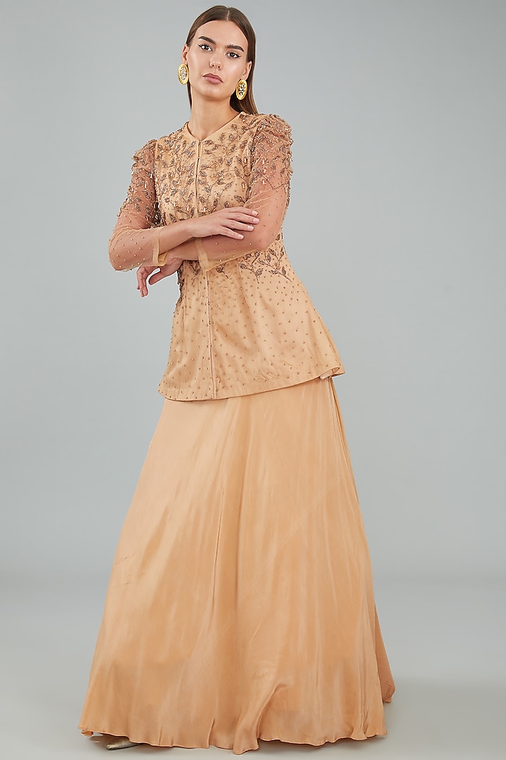 Golden Viscose Crepe Skirt Set by Sangeeta Swati