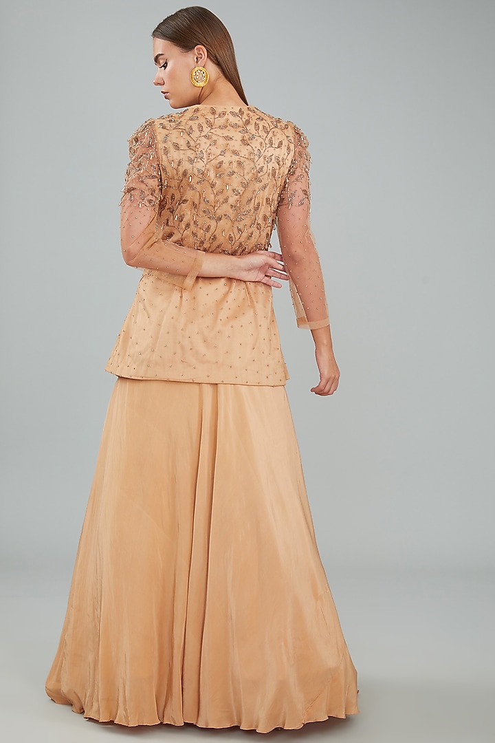 Golden Viscose Crepe Skirt Set by Sangeeta Swati at Pernia's Pop Up Shop