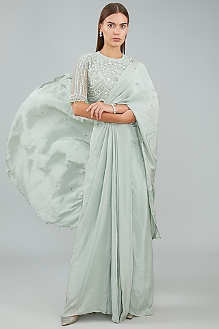 Sage Green Viscose Crepe Pre-Draped Saree Set by Sangeeta Swati