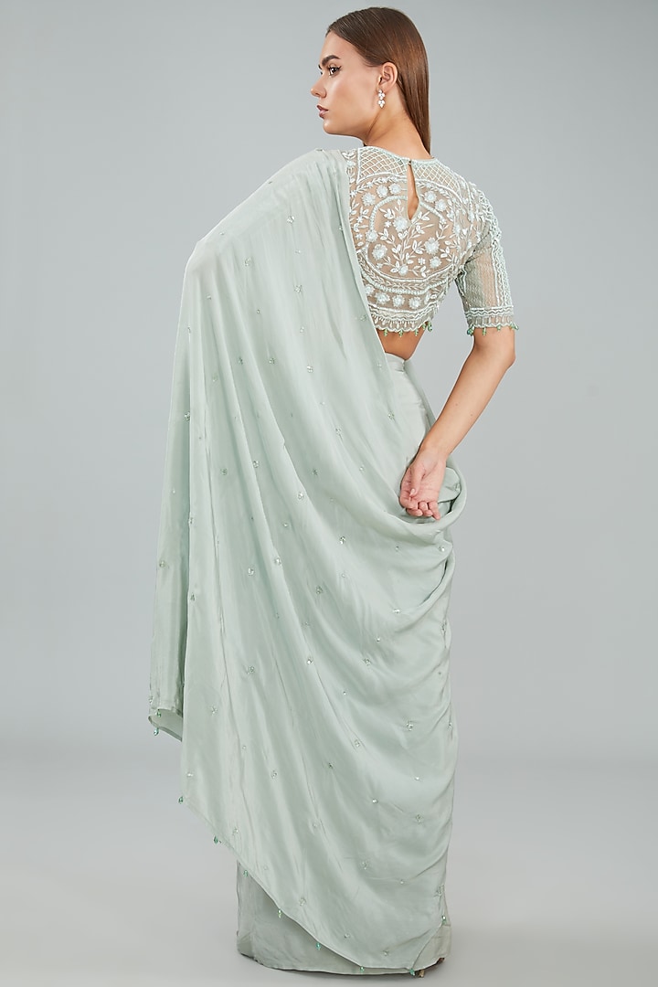 Sage Green Viscose Crepe Pre-Draped Wedding Saree Set by Sangeeta Swati at Pernia's Pop Up Shop