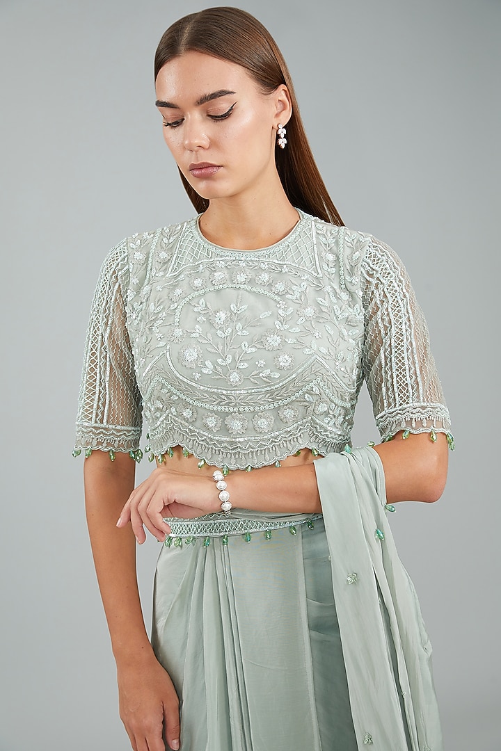 Sage Green Viscose Crepe Pre-Draped Wedding Saree Set by Sangeeta Swati at Pernia's Pop Up Shop