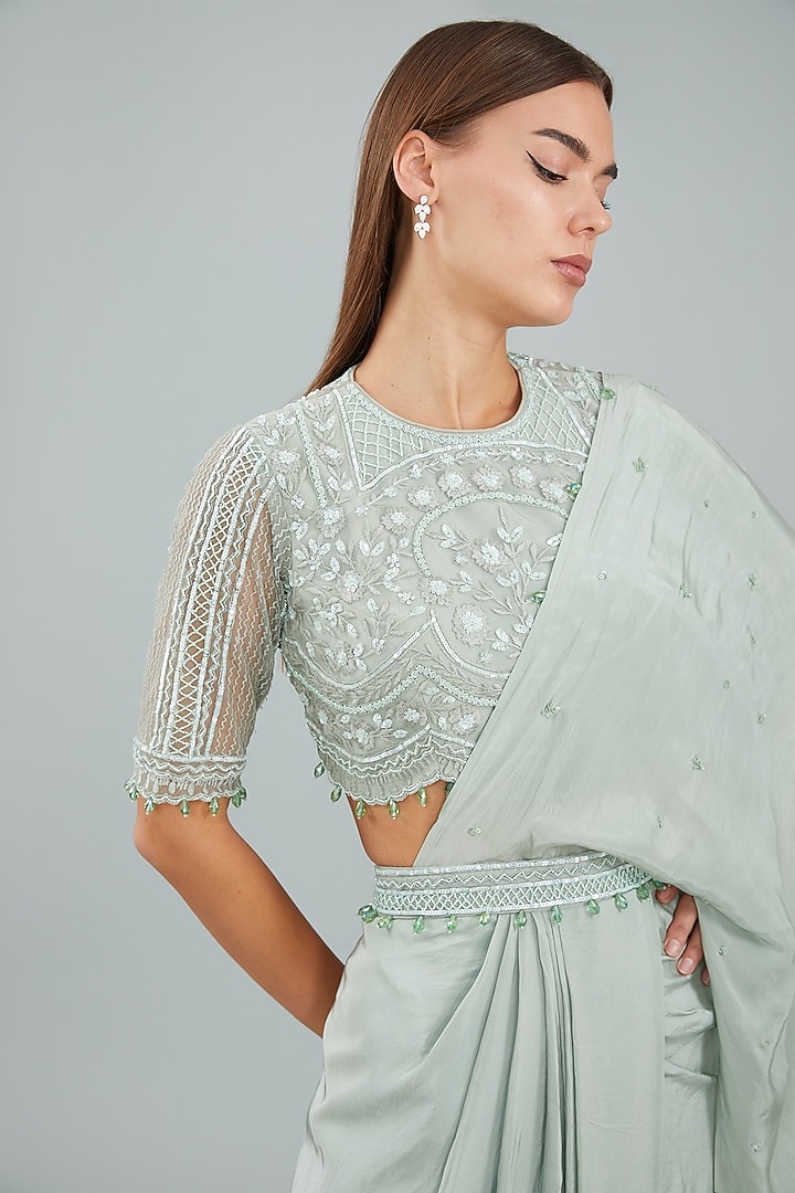 Sage Green Viscose Crepe Pre-Draped Wedding Saree Set by Sangeeta Swati at Pernia's Pop Up Shop