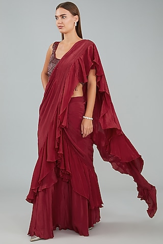 Red Viscose Crepe Ruffled Drape Saree Set by Sangeeta Swati
