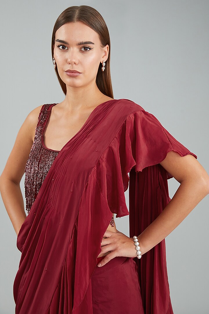 Red Viscose Crepe Ruffled Drape Wedding Saree Set by Sangeeta Swati at Pernia's Pop Up Shop