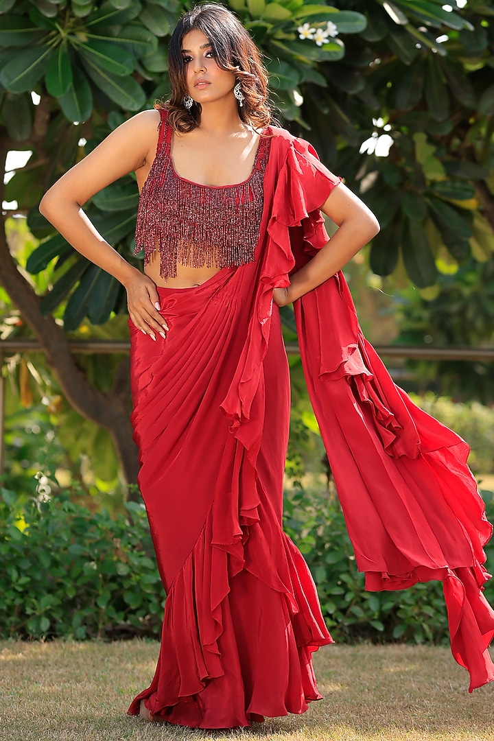Red Viscose Crepe Ruffled Drape Wedding Saree Set by Sangeeta Swati at Pernia's Pop Up Shop