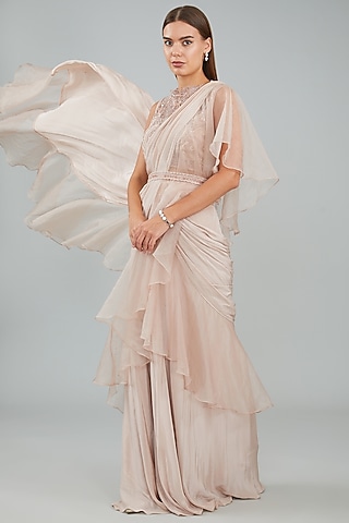 Nude Pink Viscose Crepe Ruffled Drape Saree Set by Sangeeta Swati