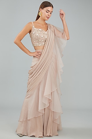 Nude Pink Viscose Crepe Ruffled Drape Saree Set by Sangeeta Swati