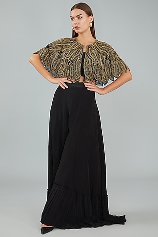 Black Viscose Crepe Hand Embellished Cape Set by Sangeeta Swati