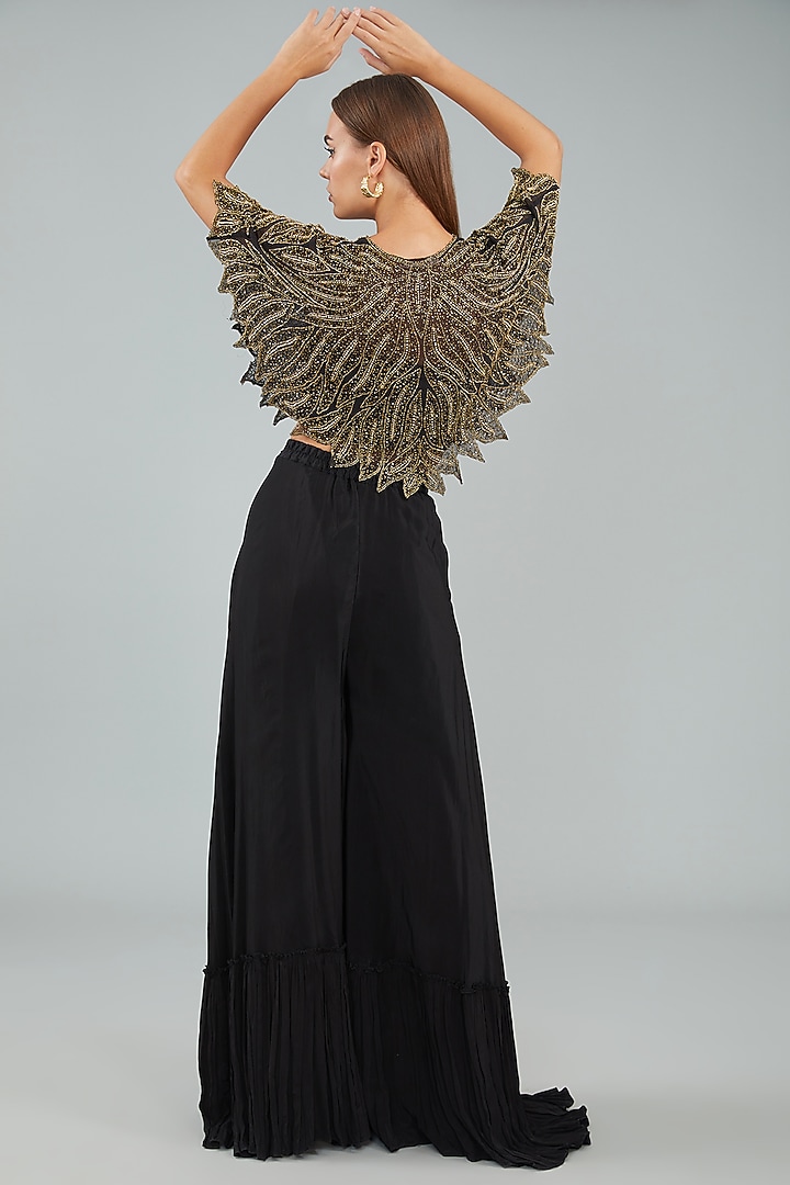 Black Viscose Crepe Hand Embellished Cape Set by Sangeeta Swati at Pernia's Pop Up Shop