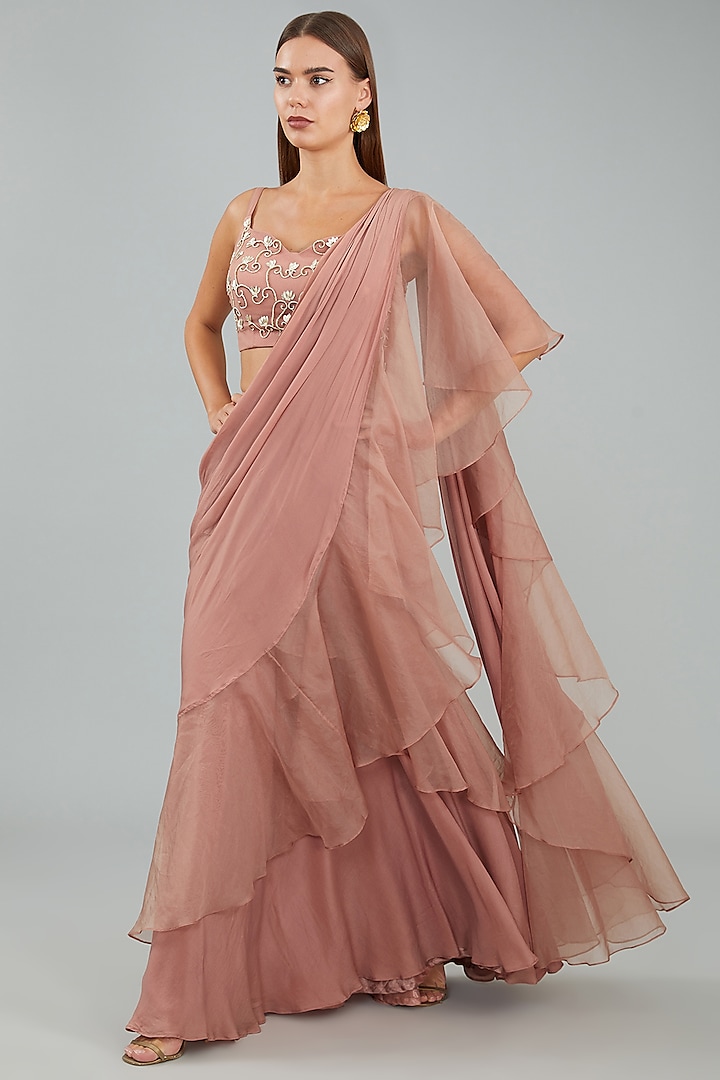 Nude Pink Viscose Crepe Ruffled Drape Saree Set by Sangeeta Swati