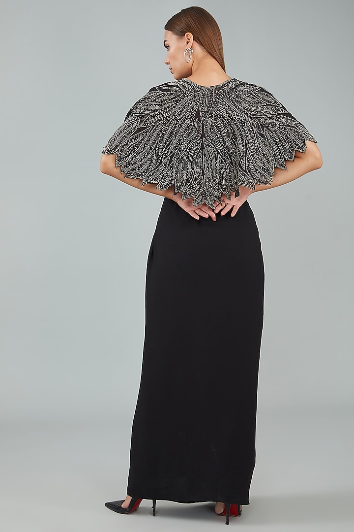 Black Viscose Crepe Hand Embellished Cape Set by Sangeeta Swati at Pernia's Pop Up Shop