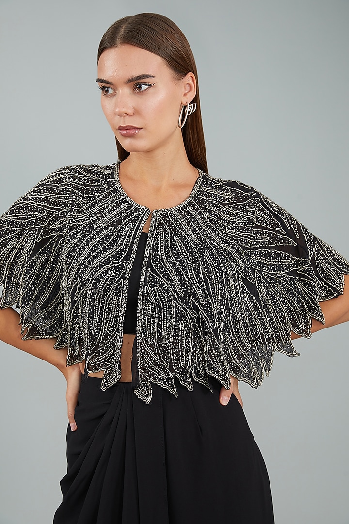 Black Viscose Crepe Hand Embellished Cape Set by Sangeeta Swati at Pernia's Pop Up Shop