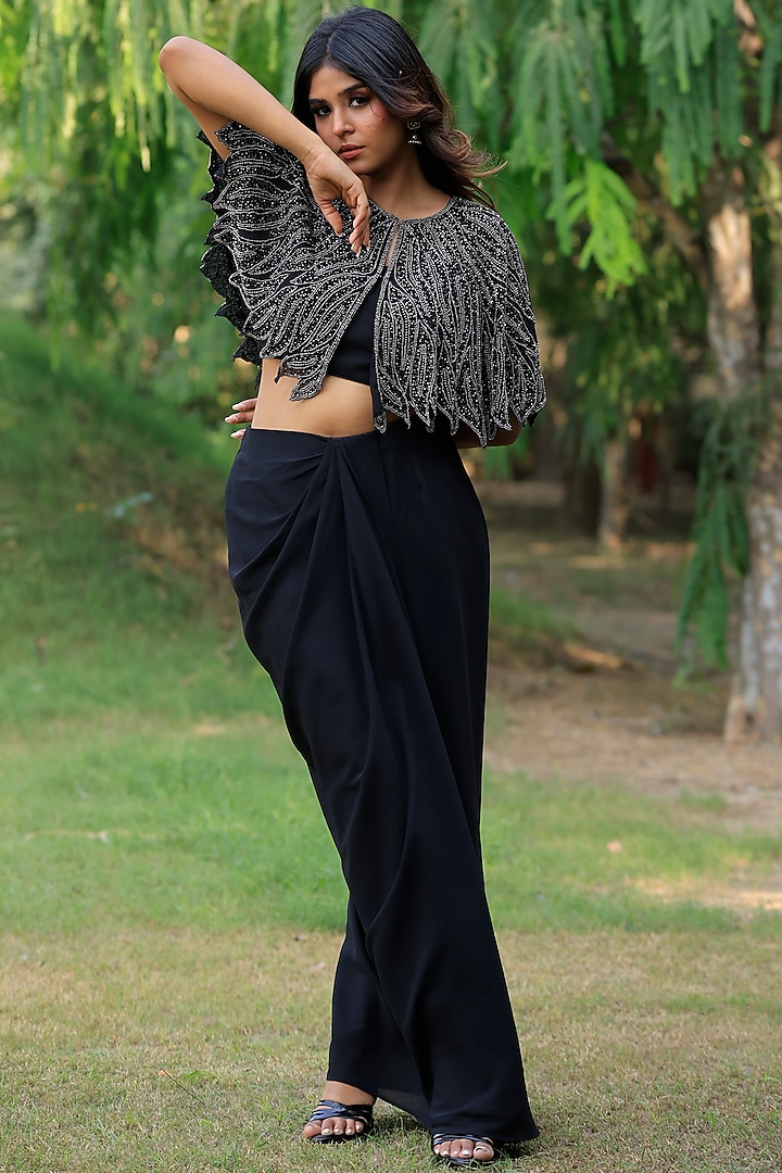 Black Viscose Crepe Hand Embellished Cape Set by Sangeeta Swati