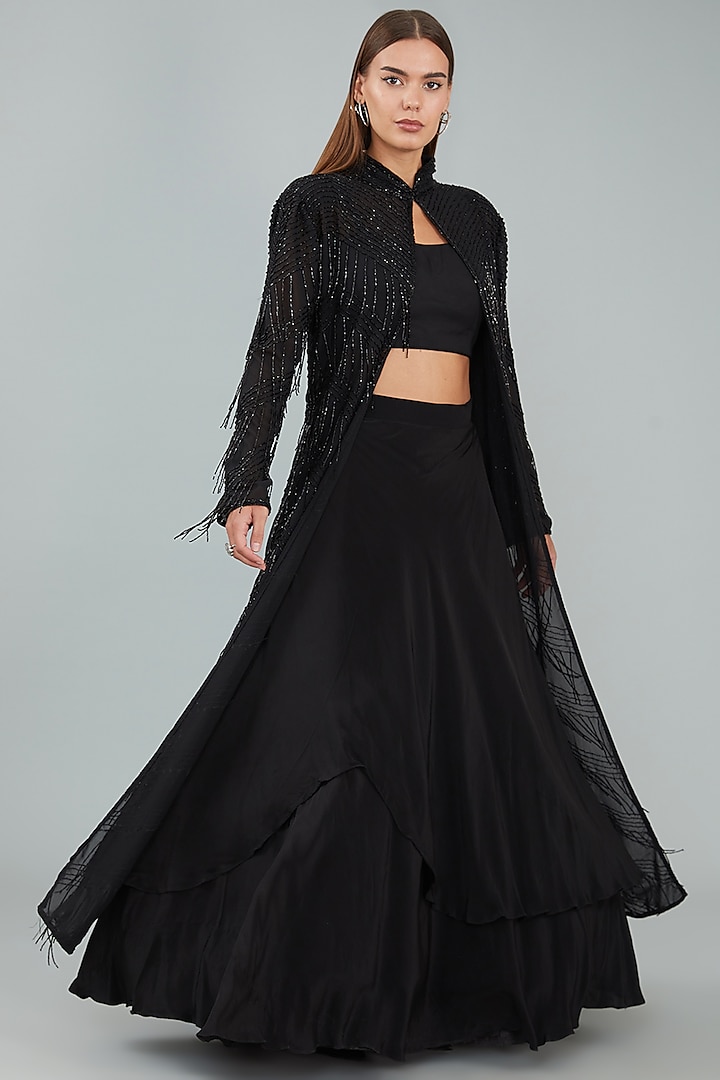 Black Viscose Crepe Hand Embellished Jacket Lehenga Set by Sangeeta Swati