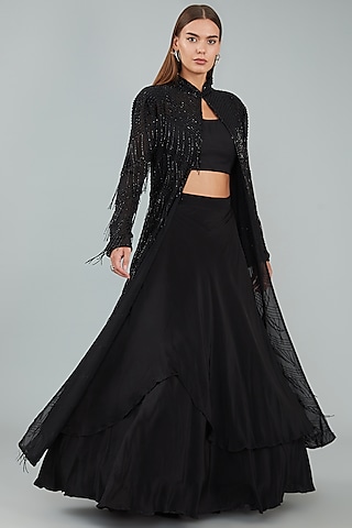 Black Viscose Crepe Hand Embellished Jacket Lehenga Set by Sangeeta Swati