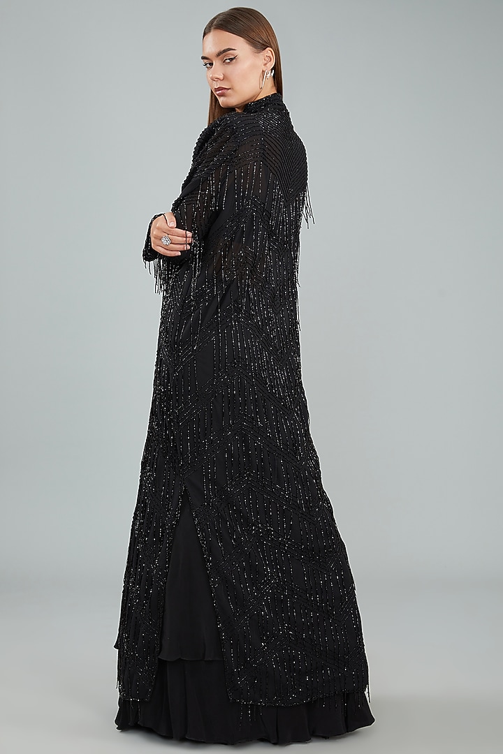 Black Viscose Crepe Hand Embellished Jacket Wedding Lehenga Set by Sangeeta Swati at Pernia's Pop Up Shop