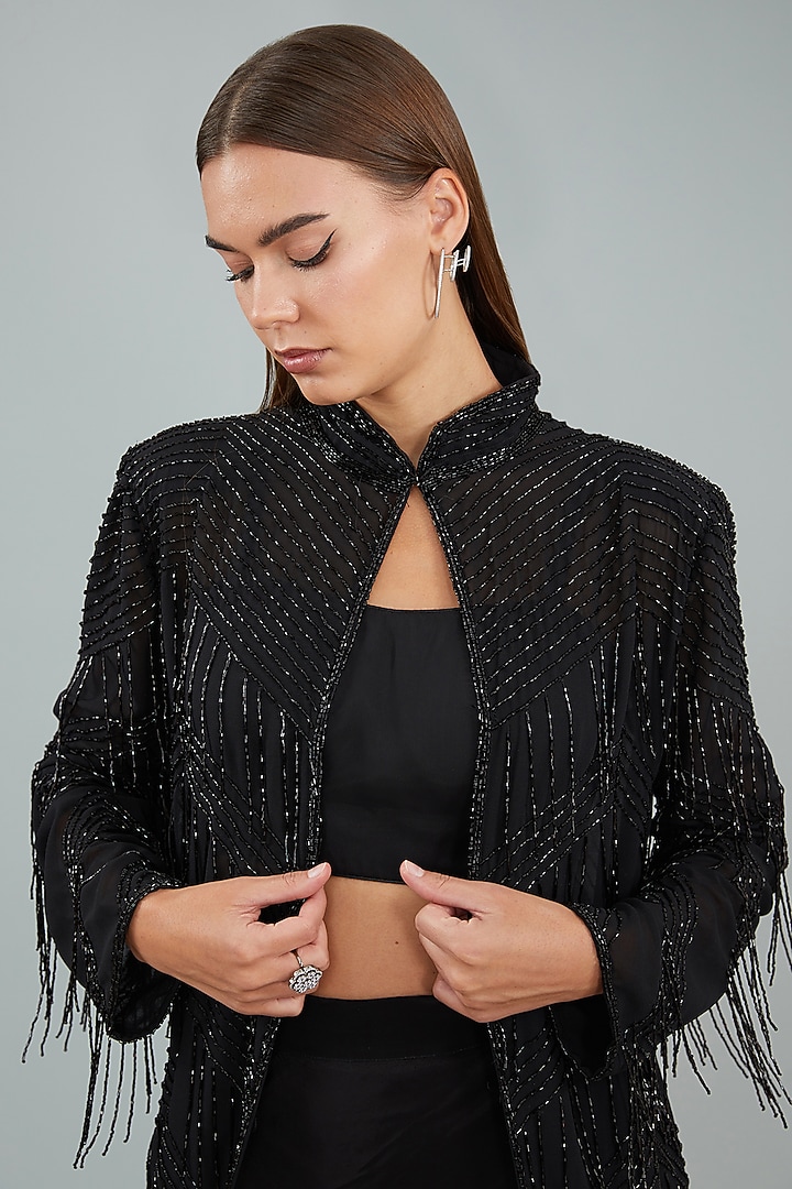 Black Viscose Crepe Hand Embellished Jacket Wedding Lehenga Set by Sangeeta Swati at Pernia's Pop Up Shop