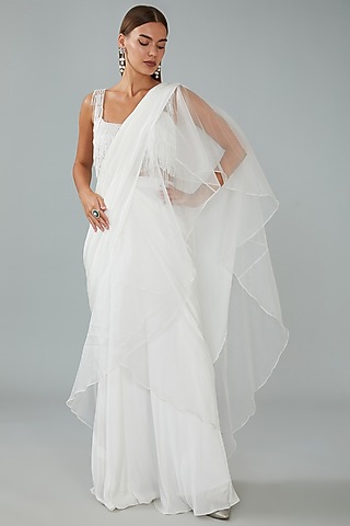 Ivory Viscose Crepe Ruffled Drape Saree Set by Sangeeta Swati