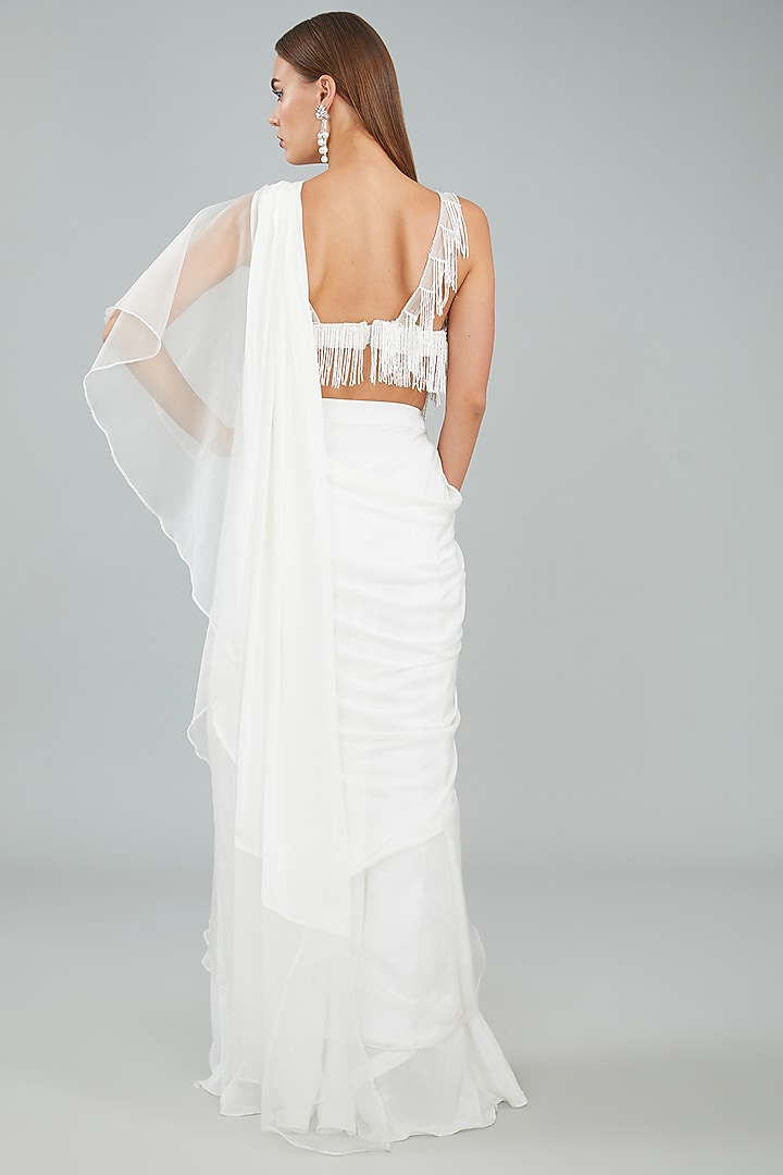 Ivory Viscose Crepe Ruffled Drape Wedding Saree Set by Sangeeta Swati at Pernia's Pop Up Shop