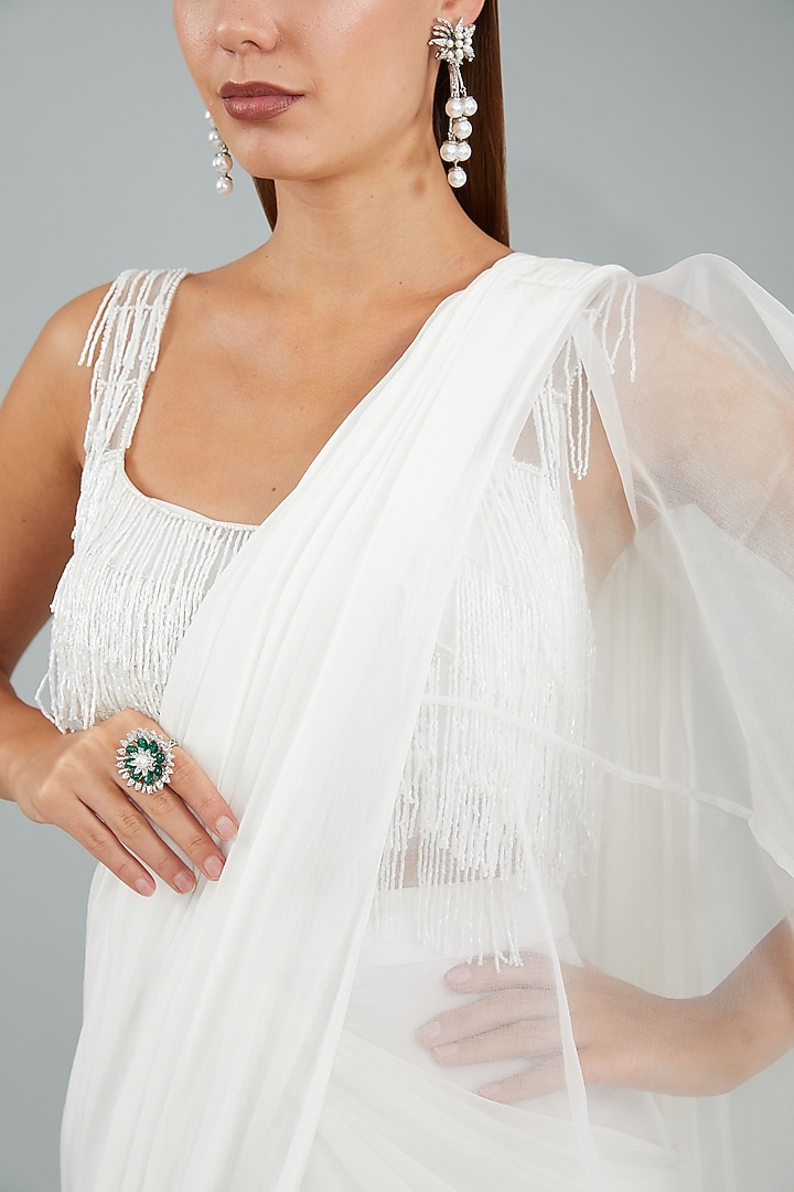 Ivory Viscose Crepe Ruffled Drape Wedding Saree Set by Sangeeta Swati at Pernia's Pop Up Shop