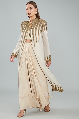 Ivory Viscose Crepe Hand Embellished Jacket Saree Set by Sangeeta Swati