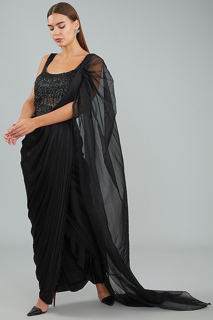 Black Viscose Crepe & Organza Embellished Draped Saree Set by Sangeeta Swati