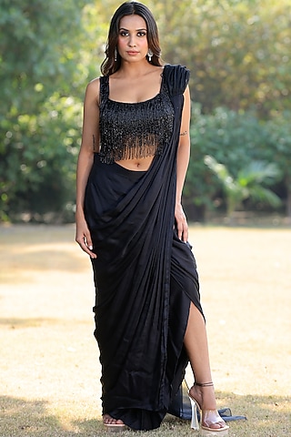 Black Viscose Crepe & Organza Embellished Draped Saree Set by Sangeeta Swati