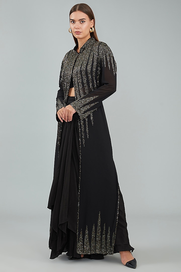 Black Viscose Crepe Hand Embellished Jacket Saree Set by Sangeeta Swati