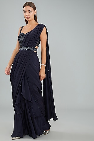 Midnight Blue Viscose Crepe Hand Embellished Draped Saree Set by Sangeeta Swati