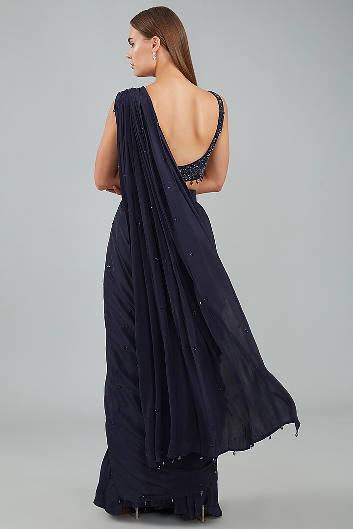 Midnight Blue Viscose Crepe Hand Embellished Draped Wedding Saree Set by Sangeeta Swati at Pernia's Pop Up Shop