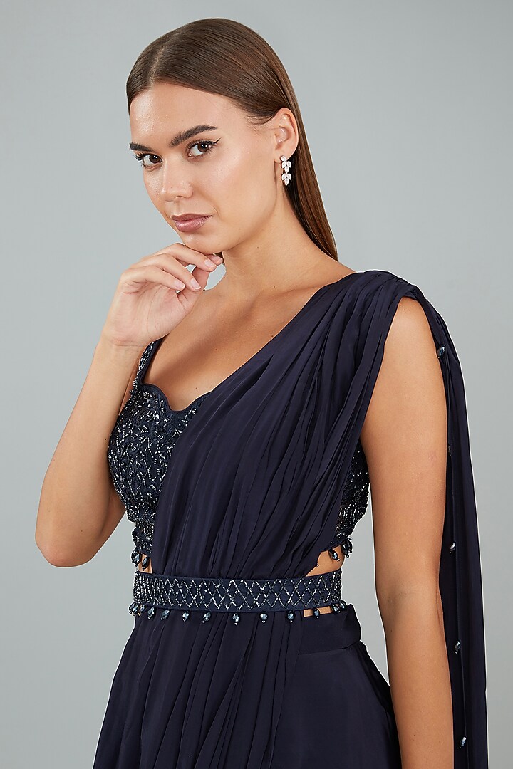 Midnight Blue Viscose Crepe Hand Embellished Draped Wedding Saree Set by Sangeeta Swati at Pernia's Pop Up Shop
