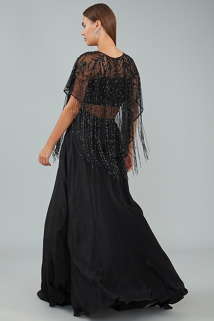 Black Viscose Crepe & Net Skirt Set by Sangeeta Swati at Pernia's Pop Up Shop