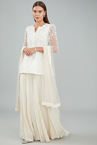 Ivory Viscose Crepe & Net Sharara Set by Sangeeta Swati
