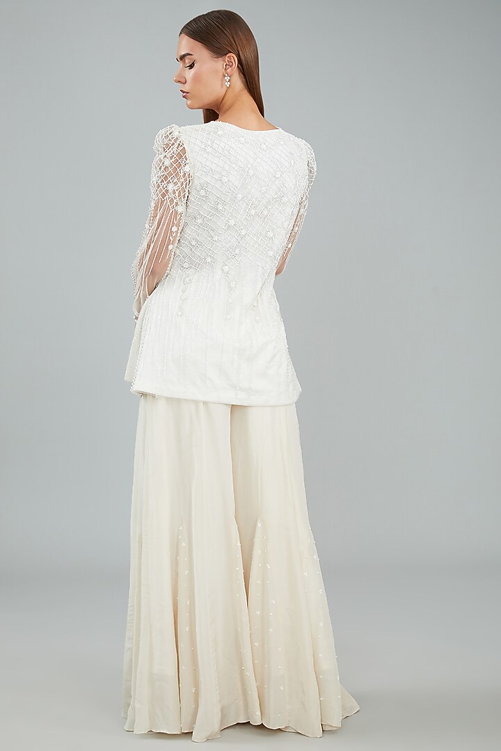 Ivory Viscose Crepe & Net Wedding Sharara Set by Sangeeta Swati at Pernia's Pop Up Shop