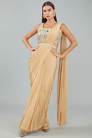 Golden Viscose Crepe Saree Set by Sangeeta Swati