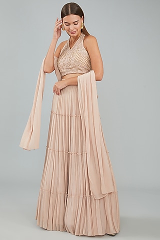 Nude Viscose Crepe & Net Lehenga Set by Sangeeta Swati