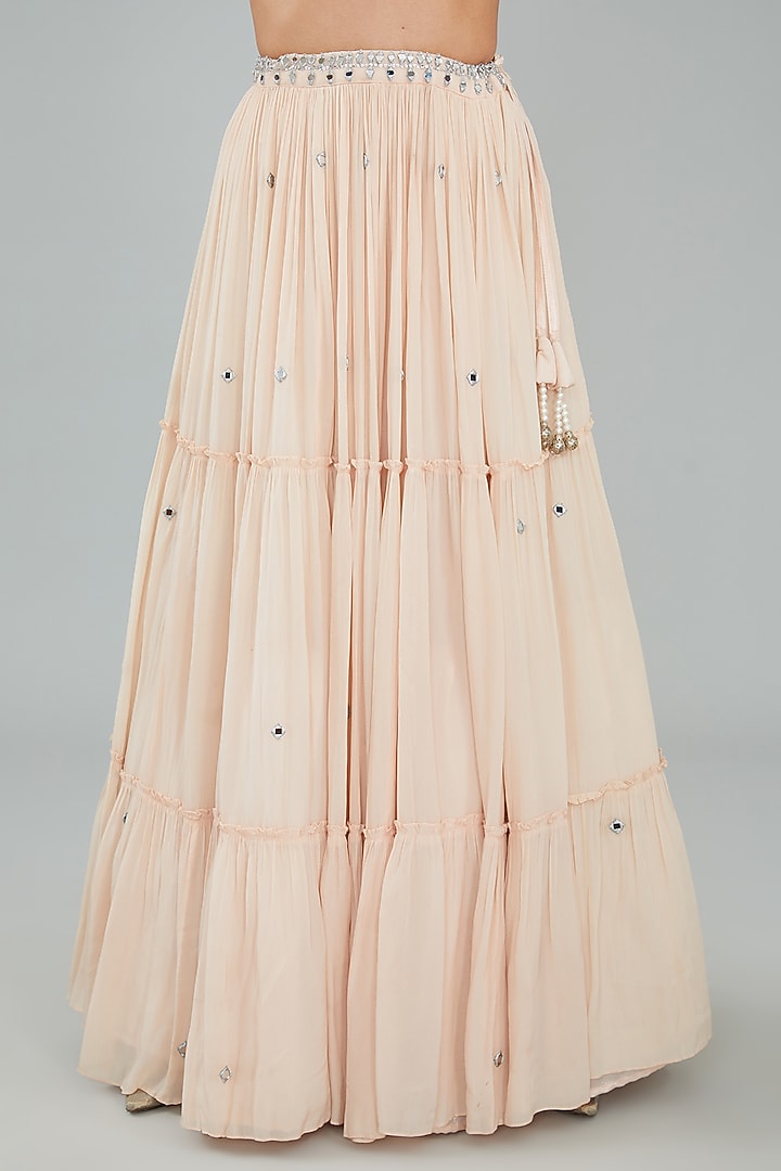 Peach Viscose Crepe & Shantoon Mirror Embroidered Wedding Lehenga Set by Sangeeta Swati at Pernia's Pop Up Shop