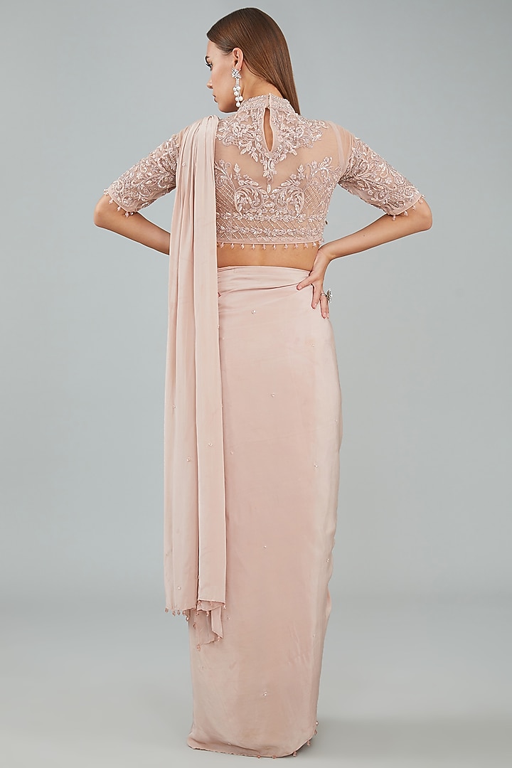 Rose Pink Viscose Crepe & Net Drape Wedding Saree Set by Sangeeta Swati at Pernia's Pop Up Shop