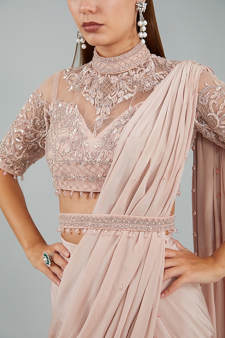 Rose Pink Viscose Crepe & Net Drape Wedding Saree Set by Sangeeta Swati at Pernia's Pop Up Shop