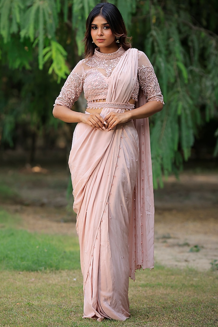 Rose Pink Viscose Crepe & Net Drape Saree Set by Sangeeta Swati at Pernia's Pop Up Shop