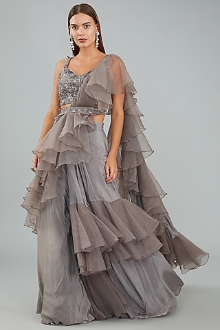 Steel Grey Viscose Crepe & Net Draped Lehenga Set by Sangeeta Swati