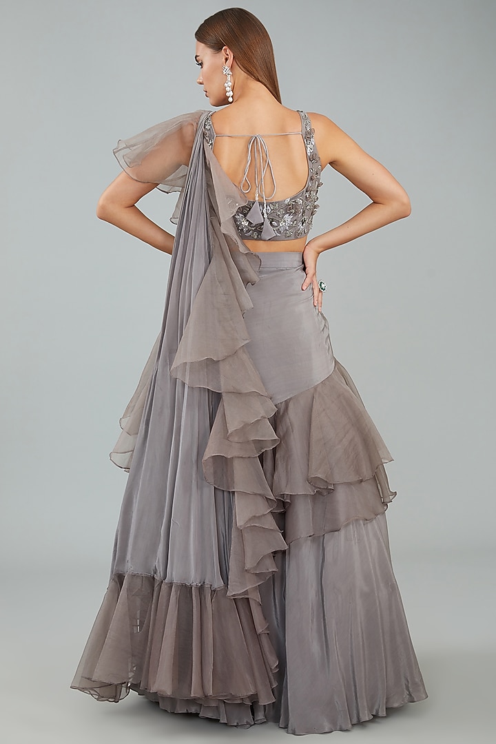 Steel Grey Viscose Crepe & Net Draped Wedding Lehenga Set by Sangeeta Swati at Pernia's Pop Up Shop