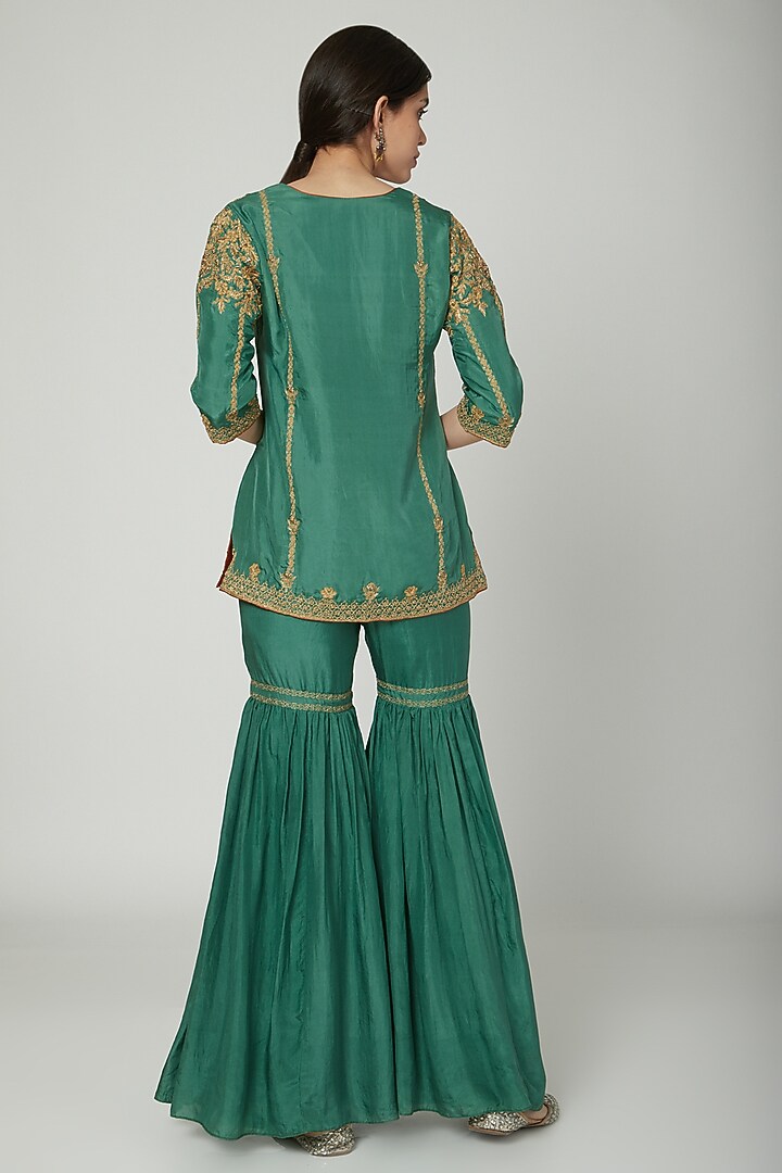 Green Hand Embroidered Kurta With Wedding Sharara Pants by Samatvam By Anjali Bhaskar at Pernia's Pop Up Shop