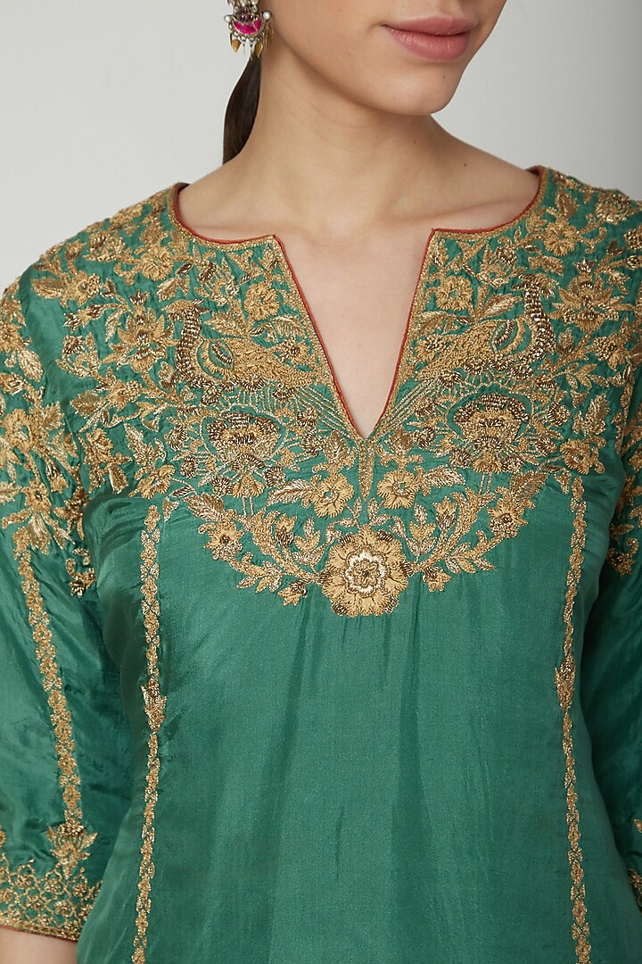 Green Hand Embroidered Kurta With Wedding Sharara Pants by Samatvam By Anjali Bhaskar at Pernia's Pop Up Shop