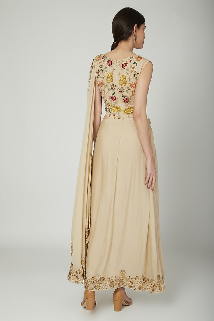 Beige Crepe Zardosi Hand Embroidered Draped Wedding Saree Set by Samatvam By Anjali Bhaskar at Pernia's Pop Up Shop