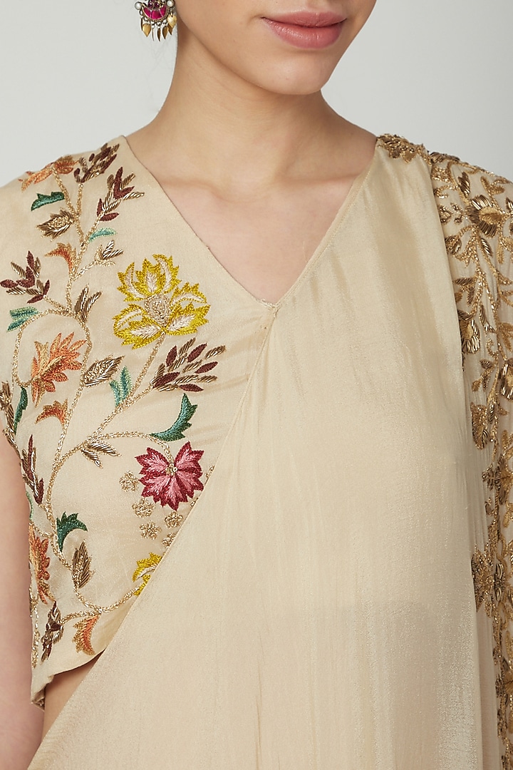 Beige Crepe Zardosi Hand Embroidered Draped Wedding Saree Set by Samatvam By Anjali Bhaskar at Pernia's Pop Up Shop