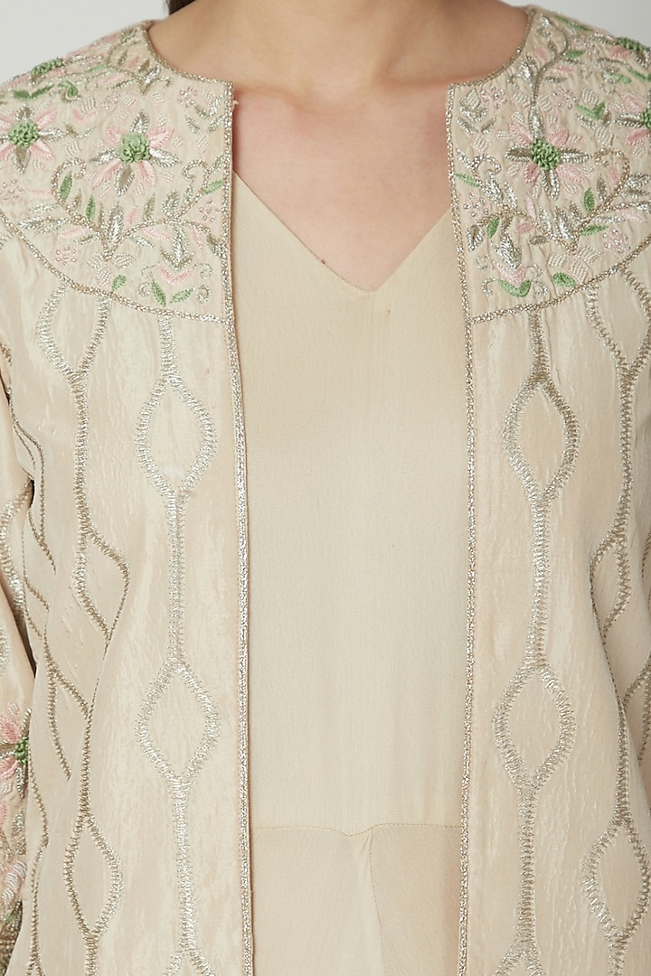 Beige Jumpsuit With Embroidered Jacket by Samatvam By Anjali Bhaskar at Pernia's Pop Up Shop