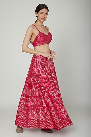 Fuchsia Hand Embroidered Lehenga With Bralette by Samatvam By Anjali Bhaskar